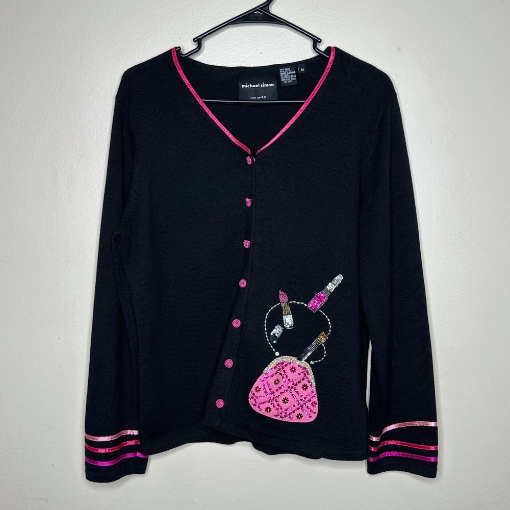 Vintage Michael Simon Makeup Lipstick Cardigan Sweater Black Pink size Medium